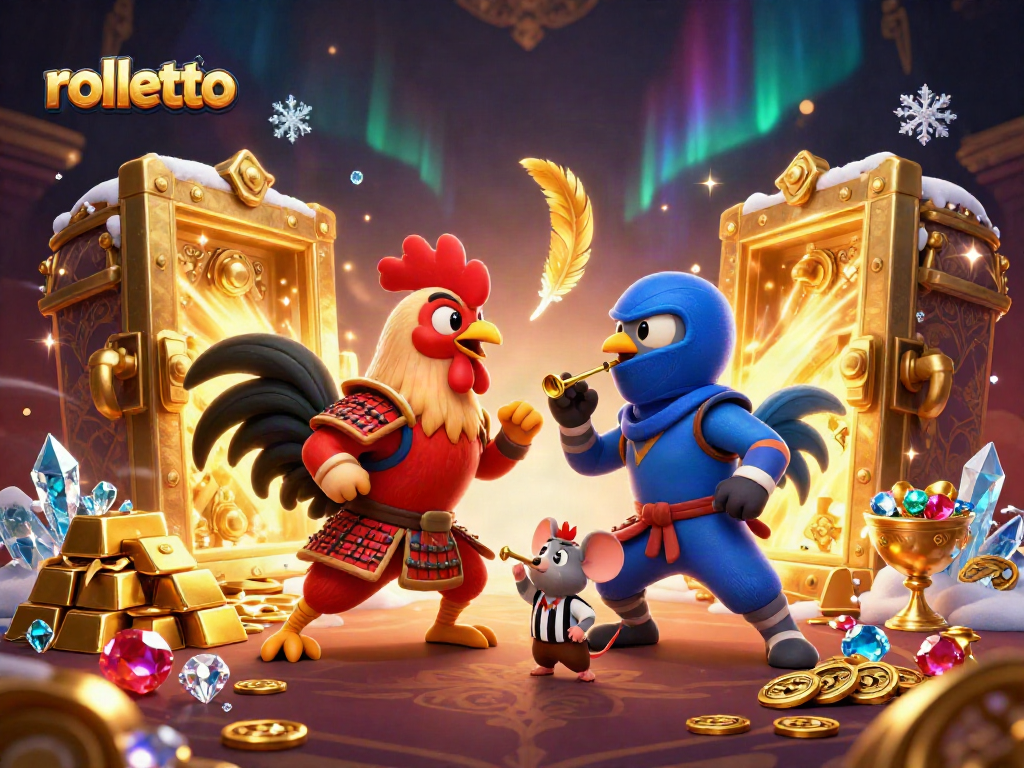 Experience rolletto with dynamic roosters in standoff surrounded by treasures and casino elements.