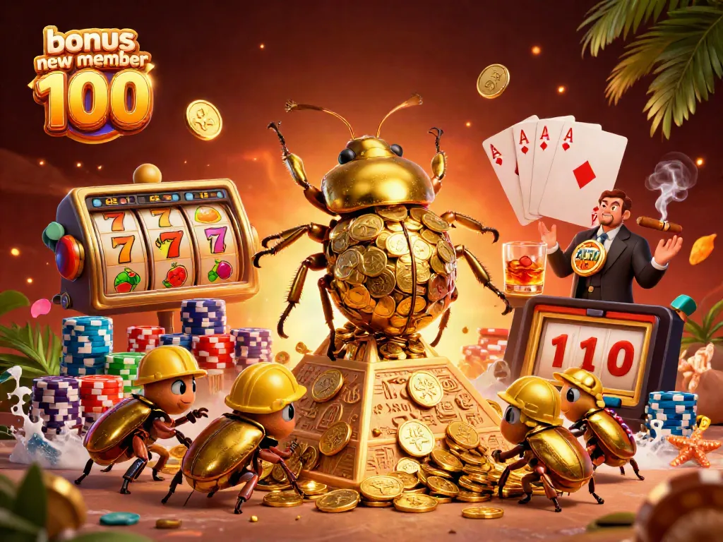 Experience vibrant gameplay with the bonus new member 100 slot promotions illustrated with golden treasures and casino elements