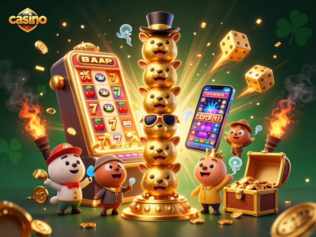 Experience the casino thrill with a vibrant 3D illustration featuring a dynamic slot machine and totem