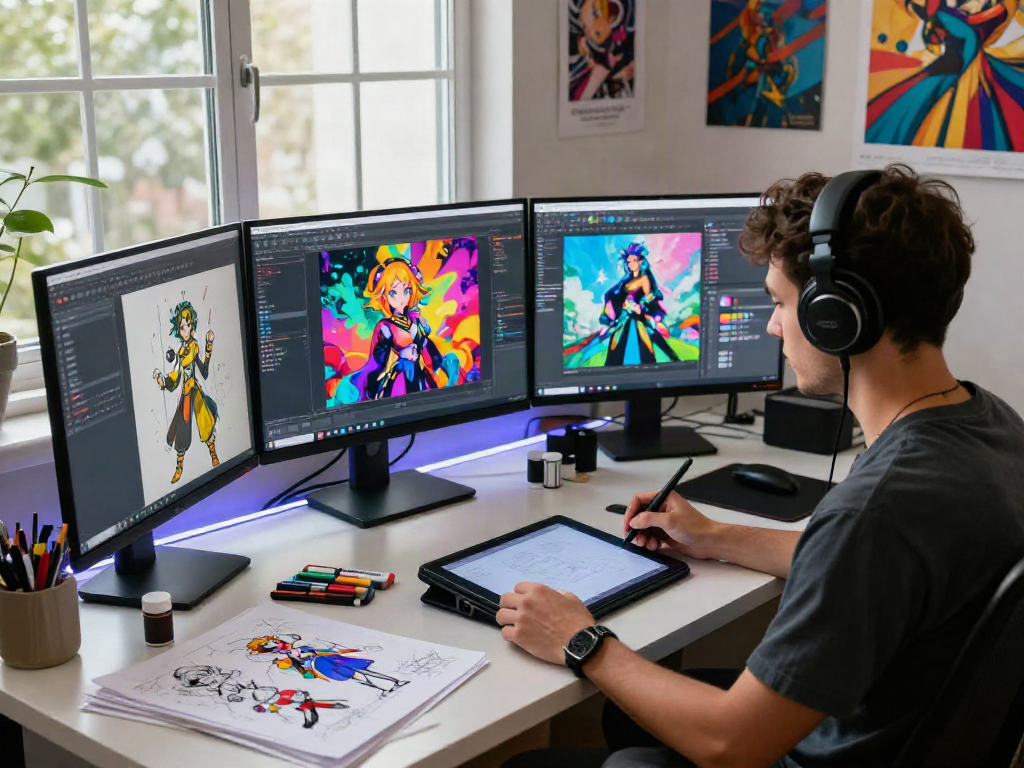 Creative digital artist designing NSFW AI concepts in a vibrant workspace