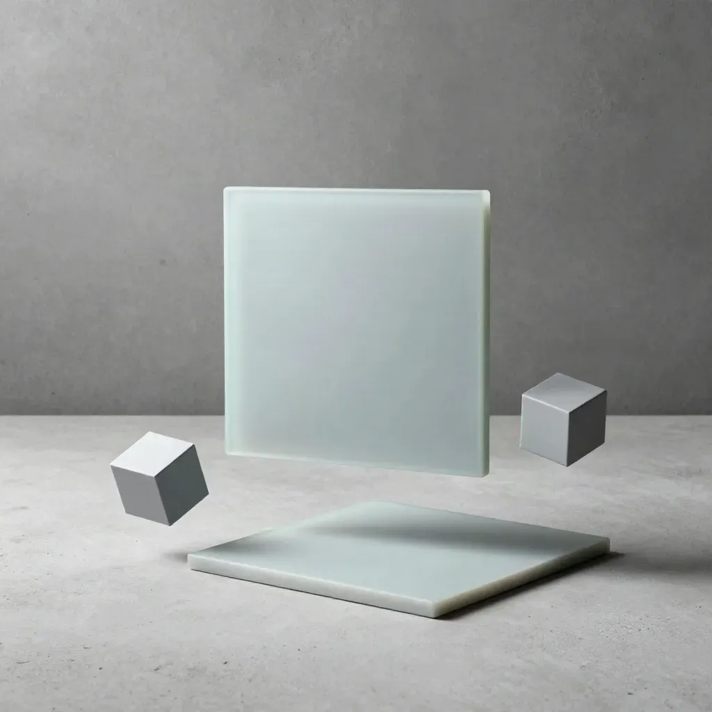 Overhead flatlay of a frosted recovery module with twin tile and parcel cubes on pale stone.