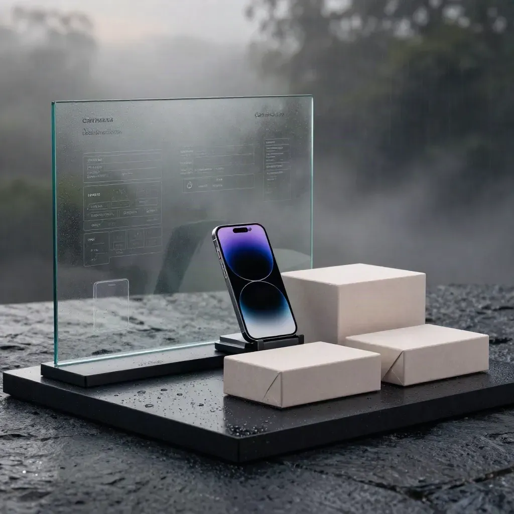 Cart Max SaaS glass product hero with parcel blocks and analytics modules on a wet black plinth