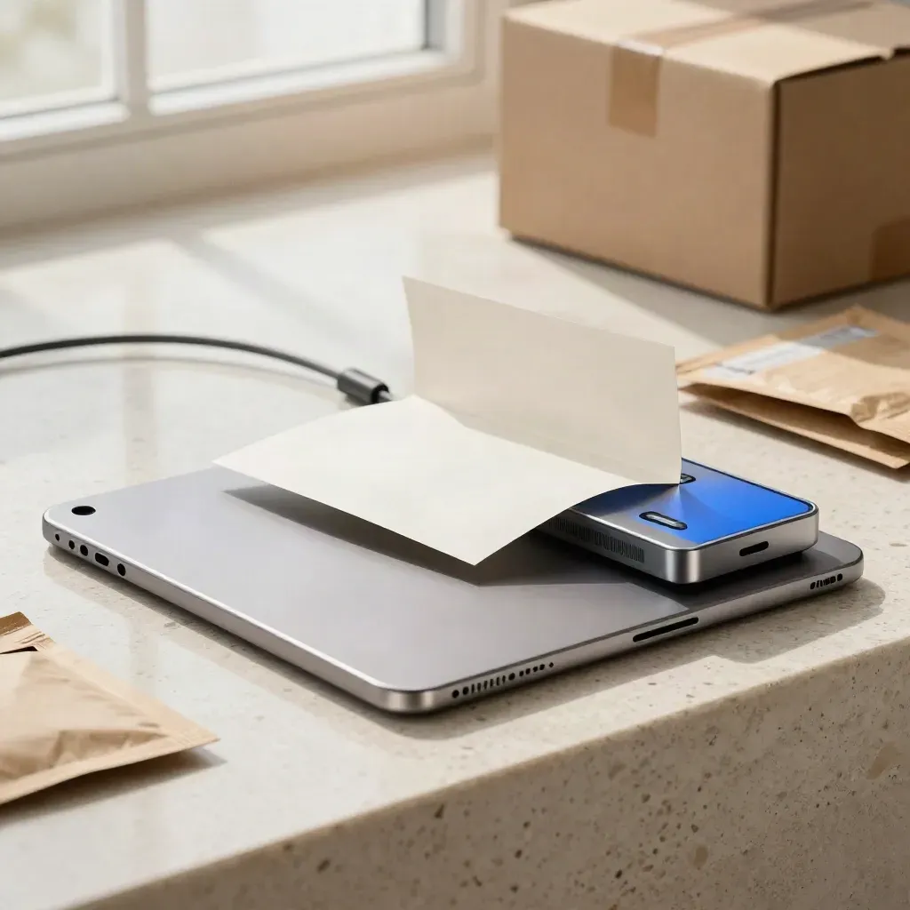 Checkout bundle hero with tablet slab, upsell tile, payment block and cable loop on travertine.