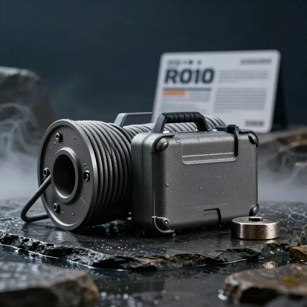 Rugged cart rescue kit on wet stone with mist and a thin reflection