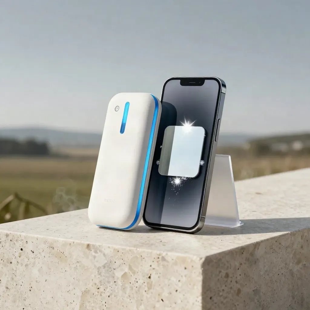 Blue-lit alert pod, phone slab, and mirrored signal tile on travertine.