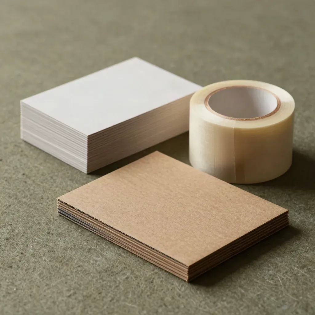 Macro of linked product modules, card stack and parcel cube on khaki felt, warm raking light.