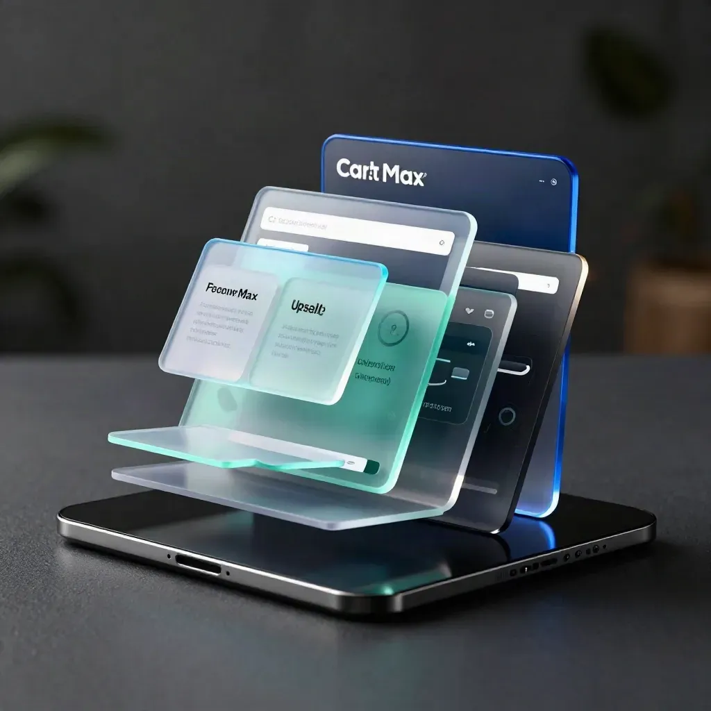 Sculptural ecommerce software modules glowing blue on matte black in a dramatic studio.