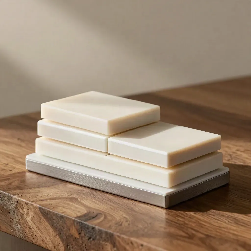Macro of a staggered white module stack with brushed metal edges and side tiles.