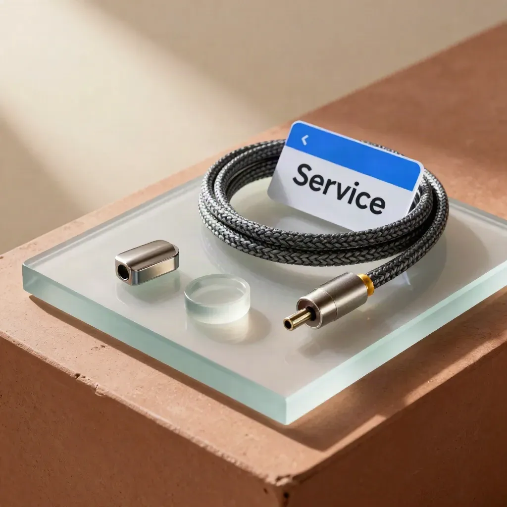Top-down Shopify setup kit with frosted glass slab, cable coil and onboarding tokens on terracotta clay.