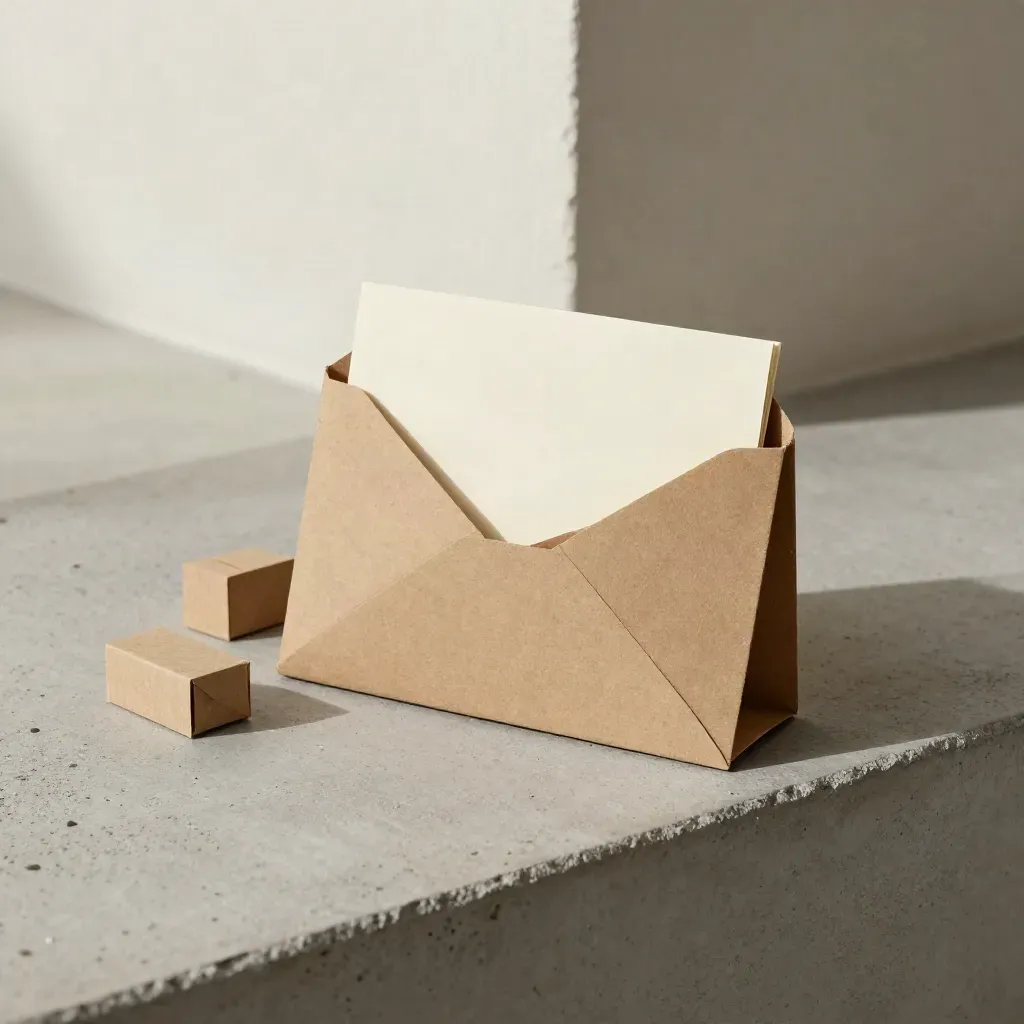 Kraft email recovery kit with folded cards and mailer block on pale concrete.