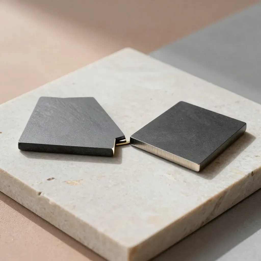 Overhead flatlay of mirrored test tiles, two chips and a split-divider block on pale stone.
