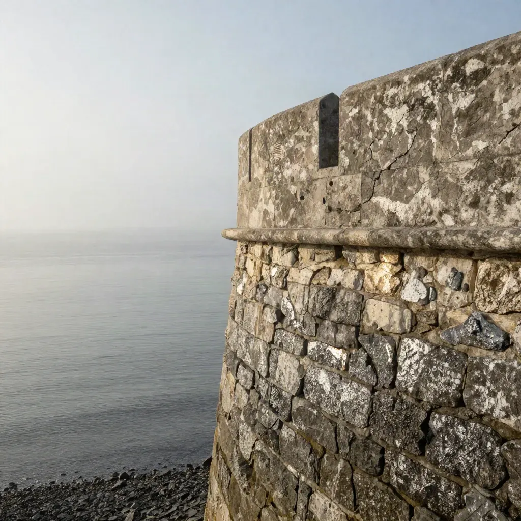 Misty coastal stone wall above a pale horizon, with calm sea and open space below.
