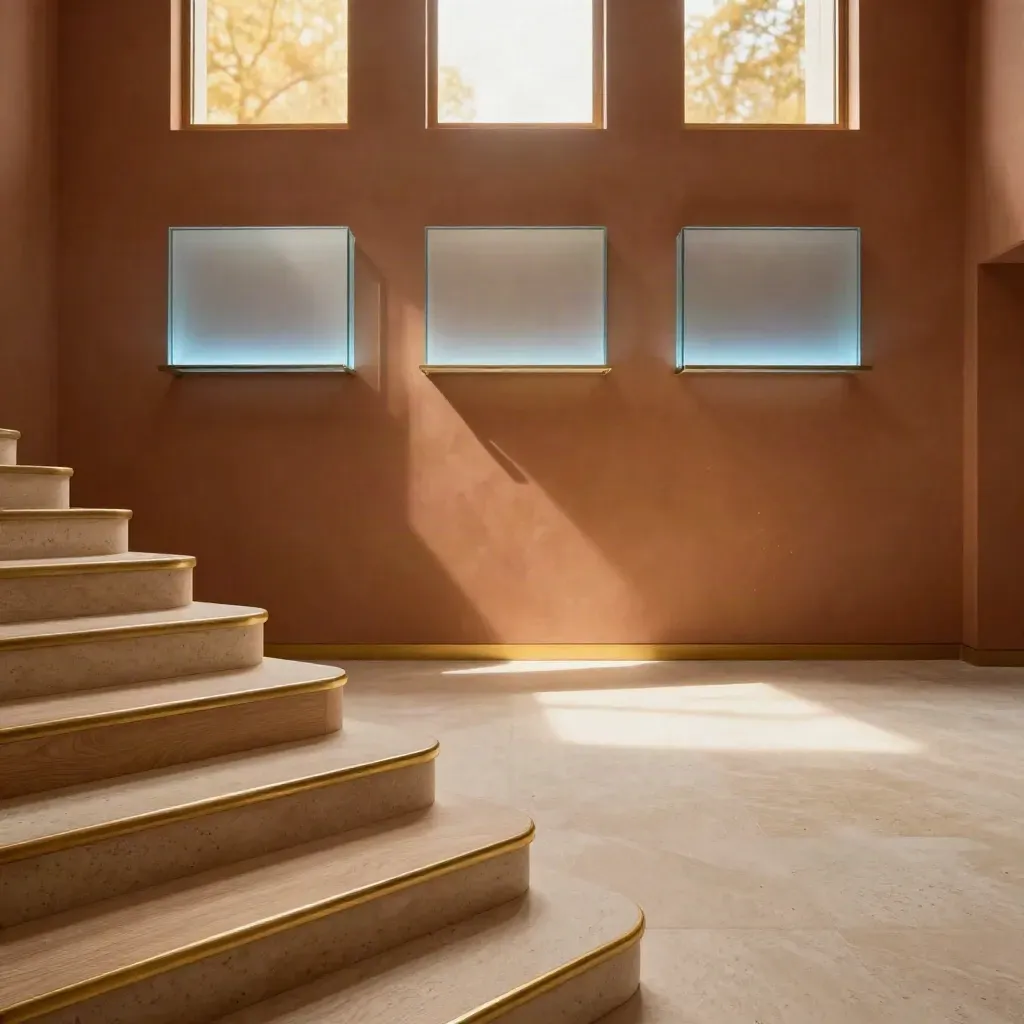 Warm modern staircase interior with brass details and soft blue glow, open floor space below