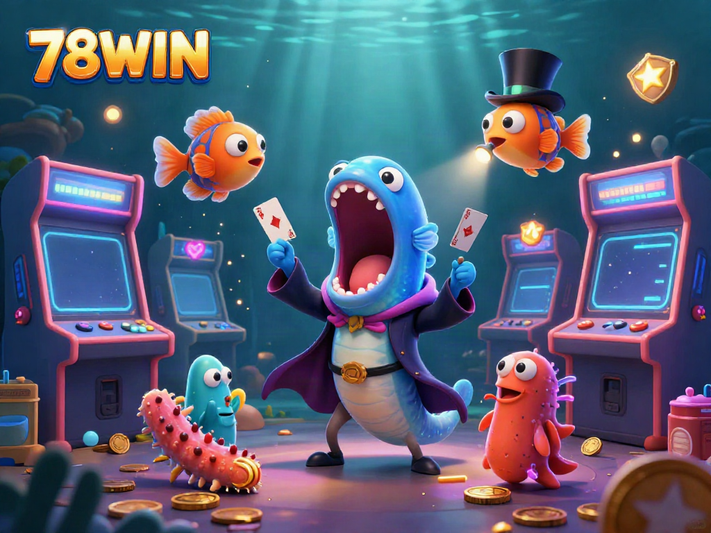 Experience thrilling games with the animated characters of 78WIN in a vibrant casino setting.