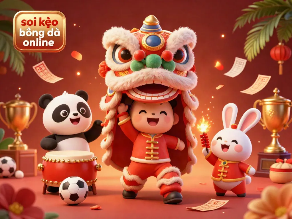 Engage with soi kèo bóng đá online through a dynamic sports betting celebration featuring festive characters and elements.