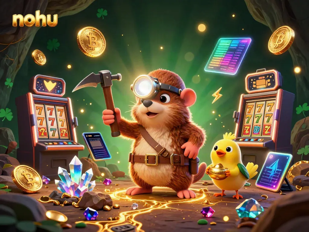 Engage with the nohu online slots scene, showcasing a treasure hunter mole, slot machines, and glowing crypto coins.