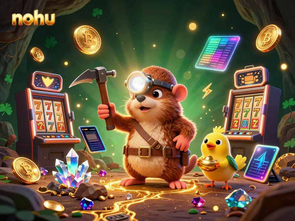 Engage with the nohu online slots scene, showcasing a treasure hunter mole, slot machines, and glowing crypto coins.