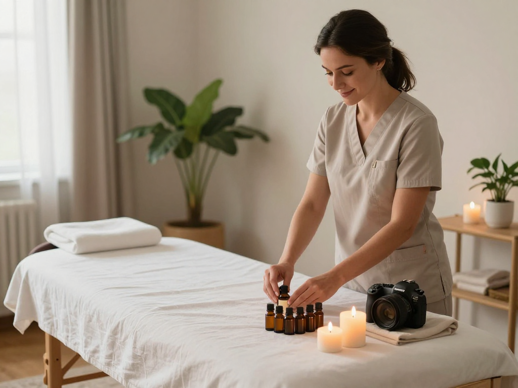 김포출장마사지 session setup in a tranquil home environment, therapist preparing oils and linens for clients.