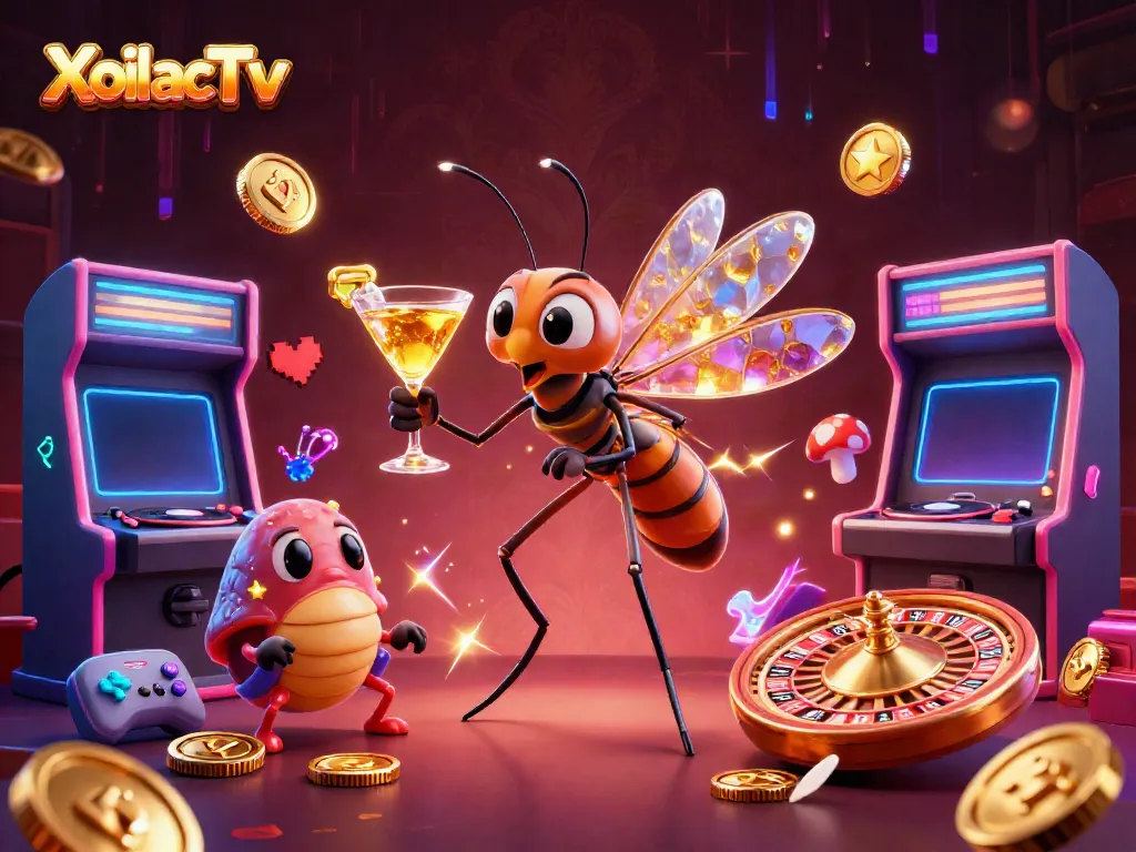 Experience thrilling gameplay with XoilacTv, where a unique frozen mosquito casino mascot holds a golden cocktail in an electrifying scene.