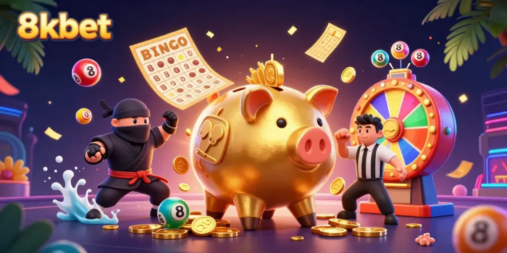 Experience excitement with 8xbet's immersive gaming scene, featuring dynamic characters and gambling elements.