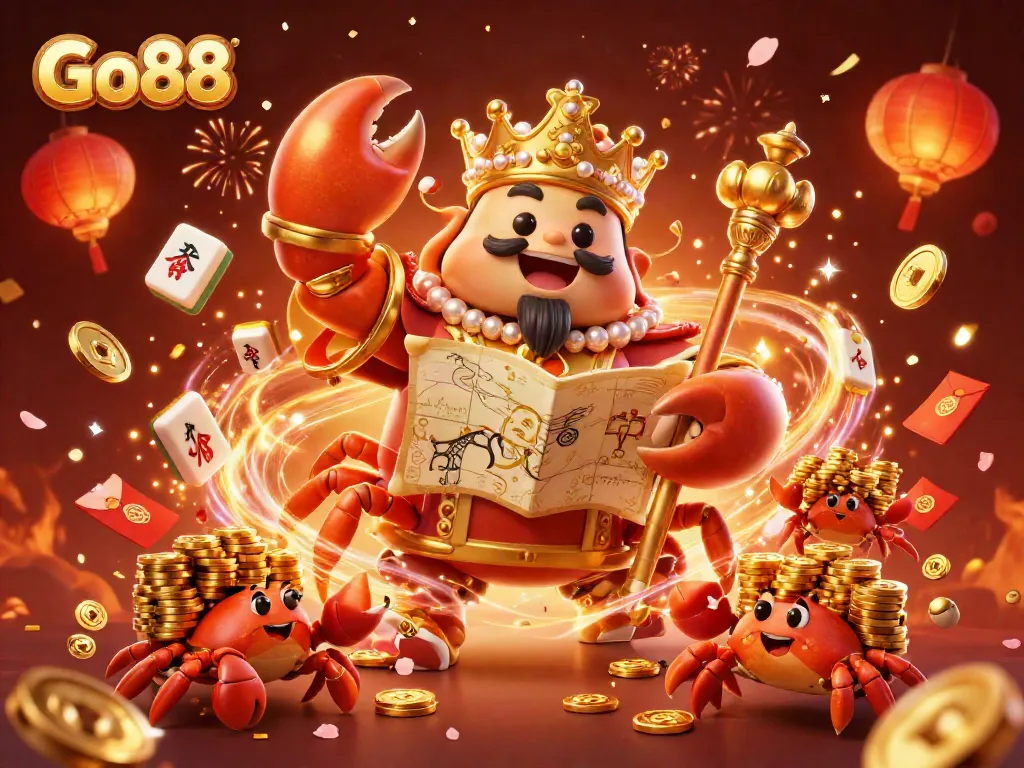 Experience the excitement of Go88 with a festive illustration of a golden crab emperor amidst gaming elements and rich celebrations.