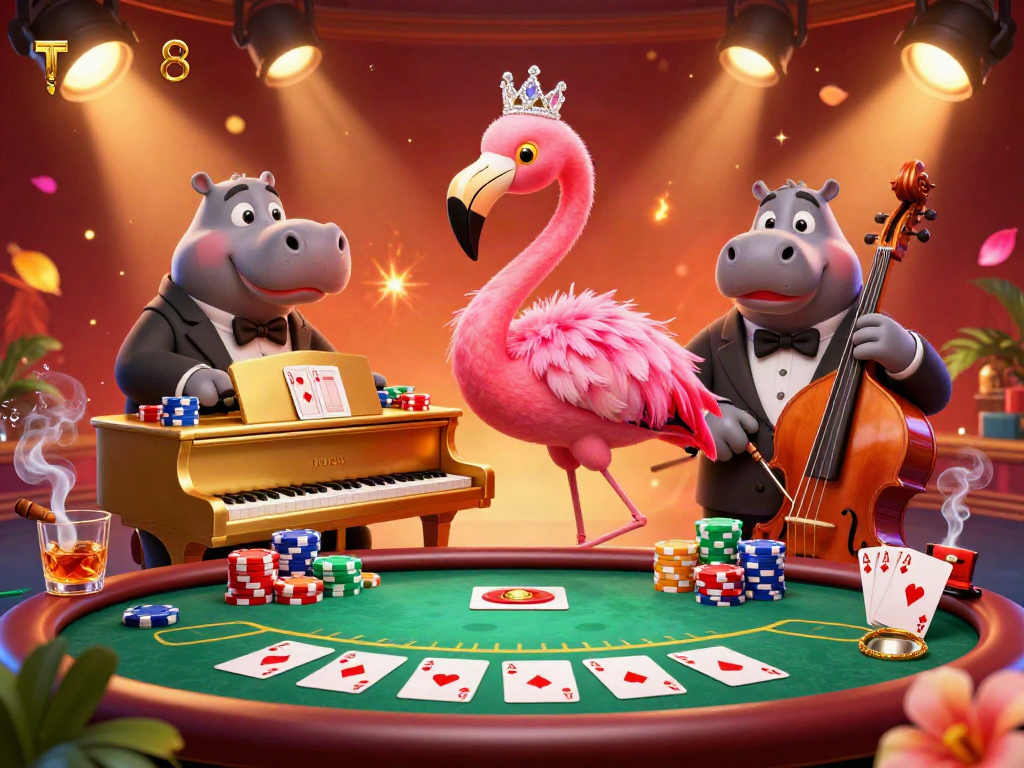 Experience the vibrant TN88 casino scene with a flamingo singer and hippo bassist.