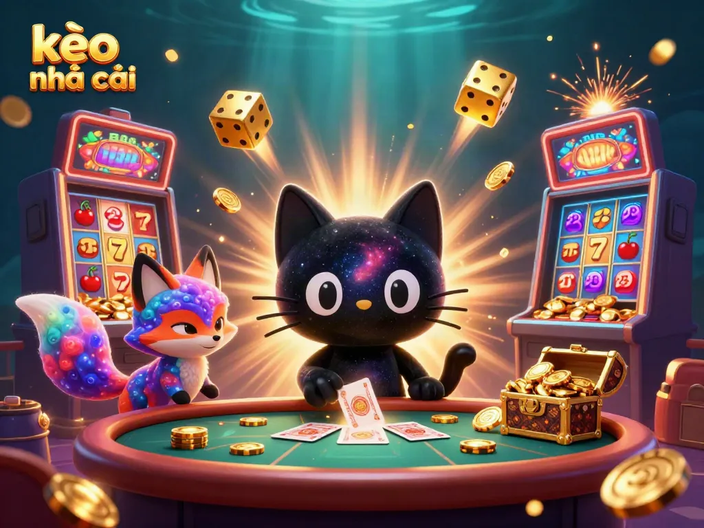 Experience kèo nhà cái with exciting 3D illustrated casino scene full of vibrant game elements.