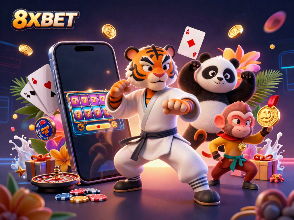 Catch the excitement of 8XBET with kung fu characters and vibrant slot elements in this lively scene.