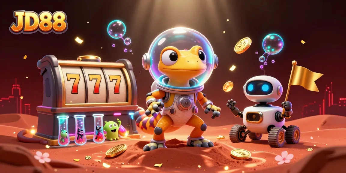 Experience JD88's vibrant casino scene with a Martian gecko uncovering treasures and dynamic game elements.