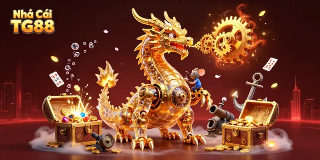 Experience excitement at Nhà Cái TG88 with golden dragon and treasure in vibrant casino scene.