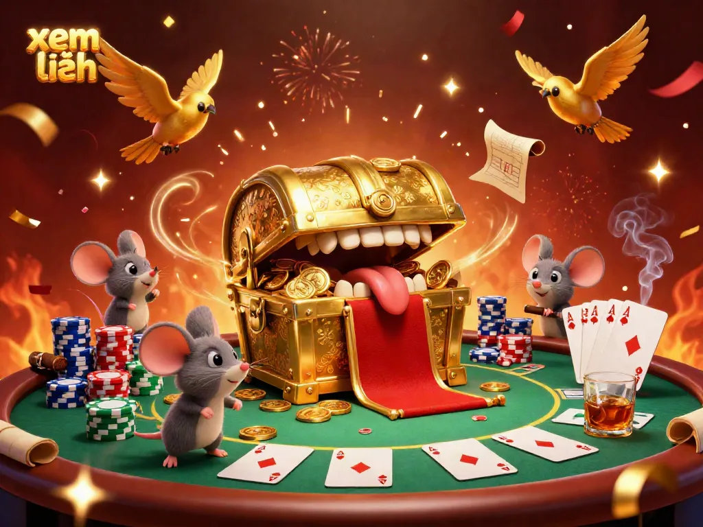 Engage with exciting adventures in this dynamic scene featuring a golden treasure chest, poker elements, and vibrant energy as you xem thêm online.