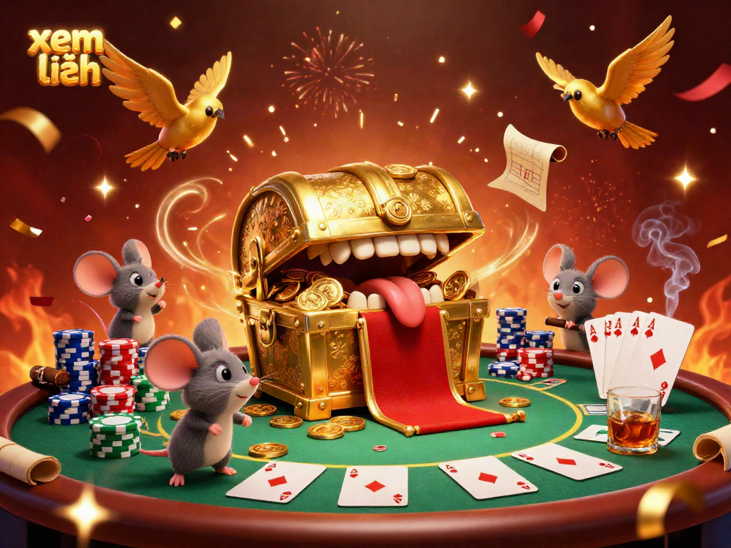 Engage with exciting adventures in this dynamic scene featuring a golden treasure chest, poker elements, and vibrant energy as you xem thêm online.