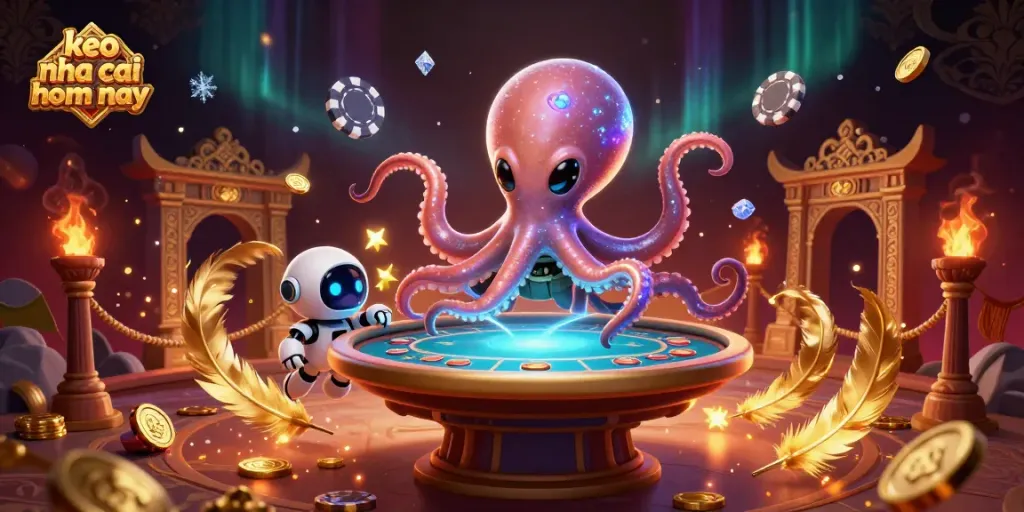 Engage with keo nha cai hom nay as an alien octopus plays poker among sparkling cosmic elements.