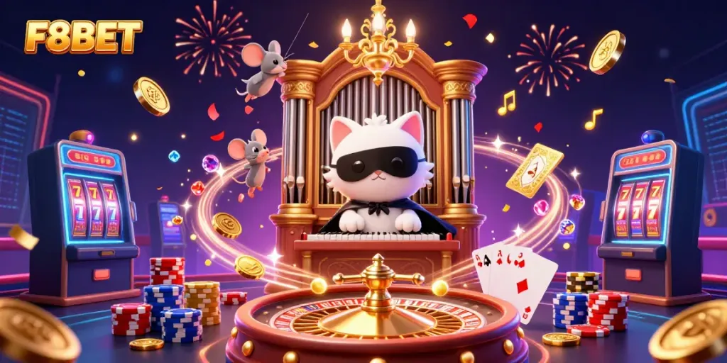 Experience the thrill of F8BET with vibrant casino elements featuring characters and game artifacts.