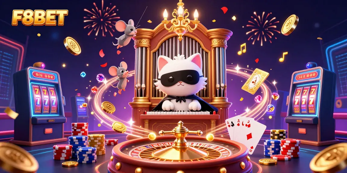 Experience the thrill of F8BET with vibrant casino elements featuring characters and game artifacts.