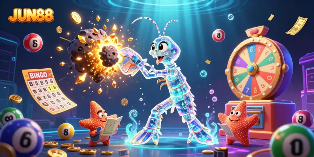Experience the excitement of gambling with JUN88 in this vibrant 3D action scene filled with colorful elements.