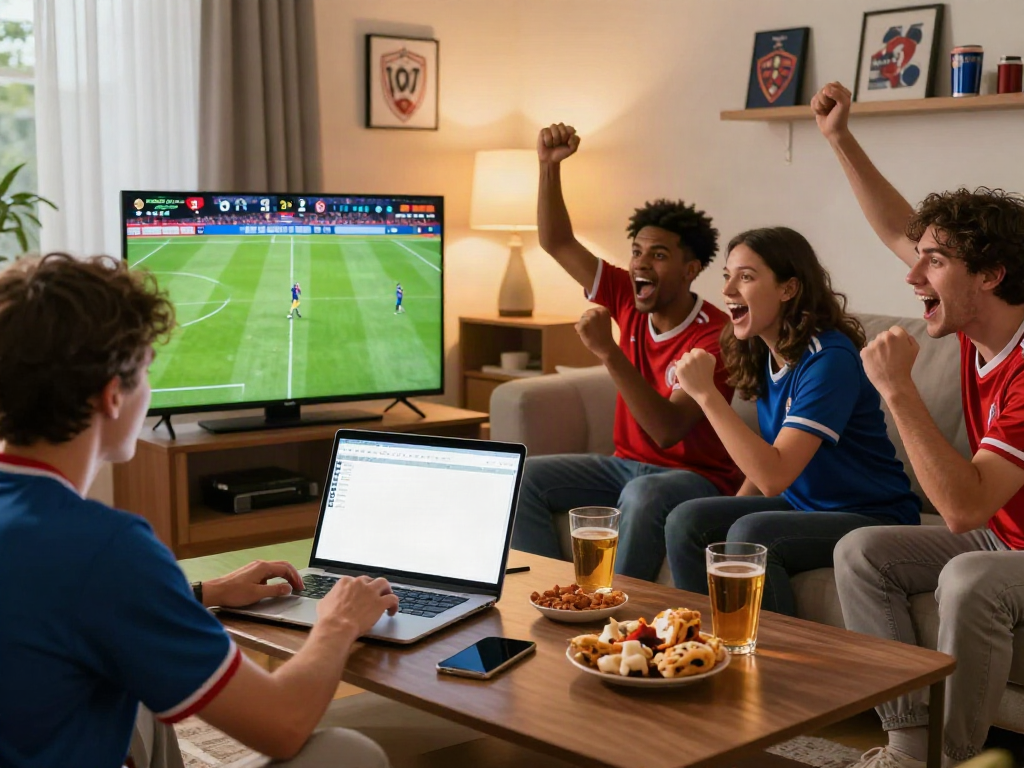 Thapcamtv sports streaming scene showcasing a lively football match with friends and analysis tools.