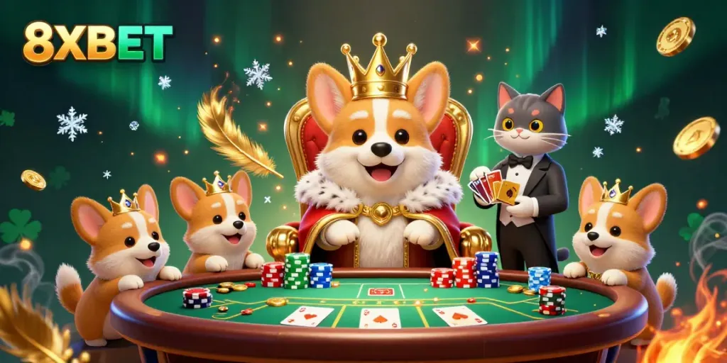 Engage with 8XBET's royal gaming experience featuring a corgi king, poker setup, and golden tokens.