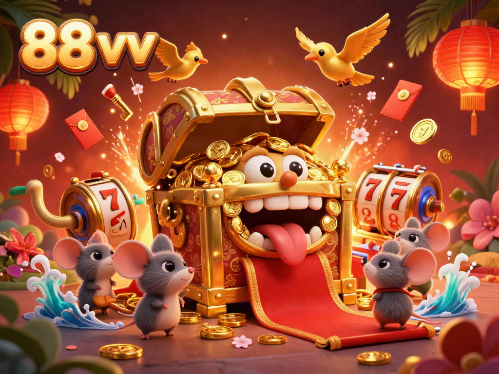 Engage with 88 vv at a lively casino scene showcasing a treasure chest and dynamic gaming elements.