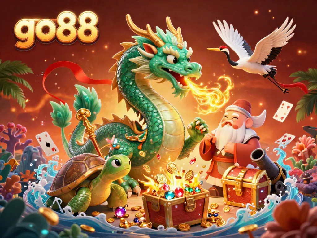Experience the excitement of go 88 with a vibrant scene featuring lucky symbols and golden treasures.