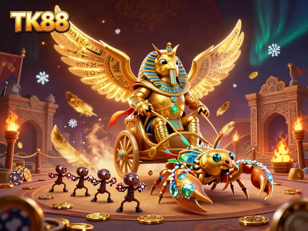 Spin the reels with TK88's colossal golden scarab beetle and scorpion chariot in this vibrant casino scene.