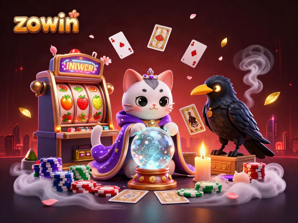 Experience thrilling slots action with the captivating fortune teller cat in a vibrant casino scene featuring zowin elements.