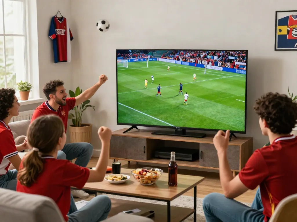 Excited football fans enjoying Gavangtv live sports streaming in a cozy atmosphere.