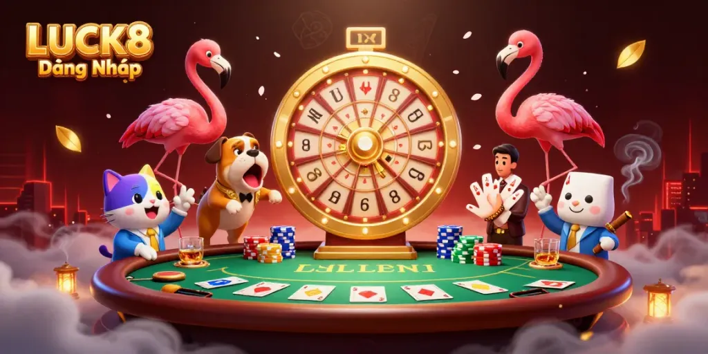 Engage in the thrill of LUCK8 Đăng Nhập with vibrant casino characters and game elements.