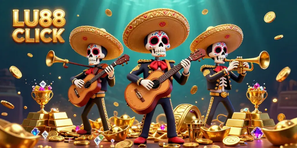 Experience the vibrant energy of LU88 CLICK with a mariachi band amidst treasures in this colorful casino-themed illustration.