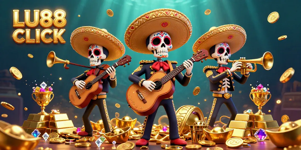 Experience the vibrant energy of LU88 CLICK with a mariachi band amidst treasures in this colorful casino-themed illustration.