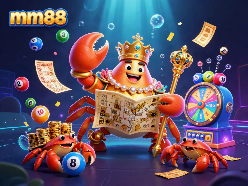 Engage in thrilling gaming with mm88's colorful 3D casino scene featuring a golden crab emperor.