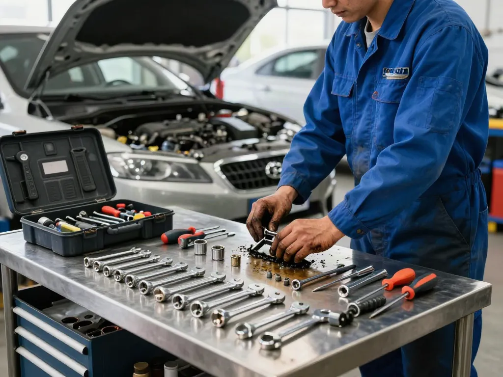 Koken tools UK in an automotive workshop with a mechanic repairing a car engine, showcasing quality tools in a vibrant environment.