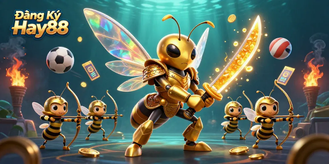 Engage with Đăng Ký Hay88, featuring a vibrant 3D casino scene with a golden hornet and action-packed game elements.