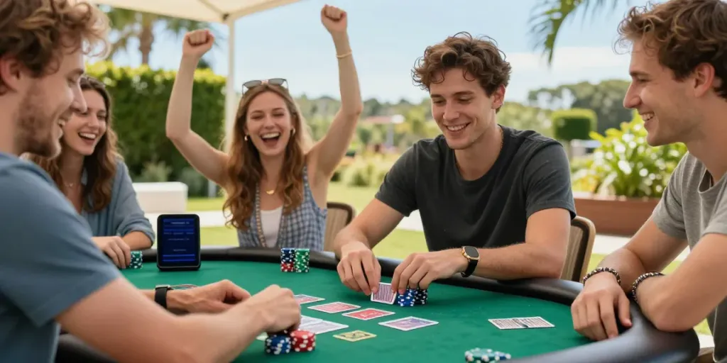 Player enjoying sites not on gamstop surrounded by friends outdoors.